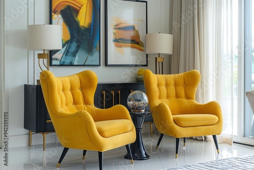 Light yellow fabric swivel chairs with brass legs and dark wood accents, alongside a metal lamp and black cabinet in a sunny living room. photo