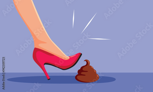 Elegant Woman Almost Stepping in Poop Vector Cartoon Illustration. Cheerful lady having bad luck stepping on dirty roads 
