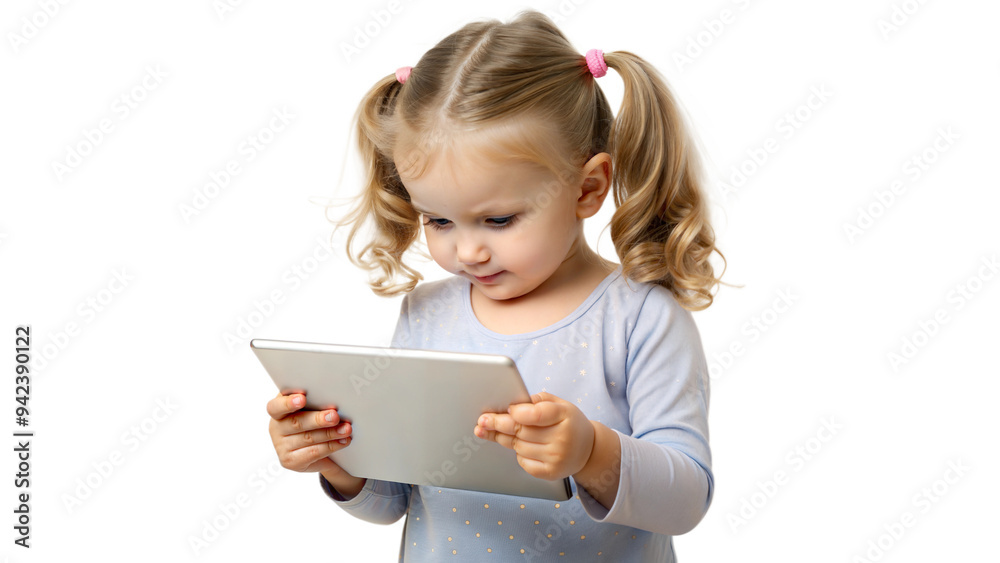 Little girl with pigtails holding a tablet, engaged in digital learning Little girl with pigtails holding a tablet, engaged in digital learning