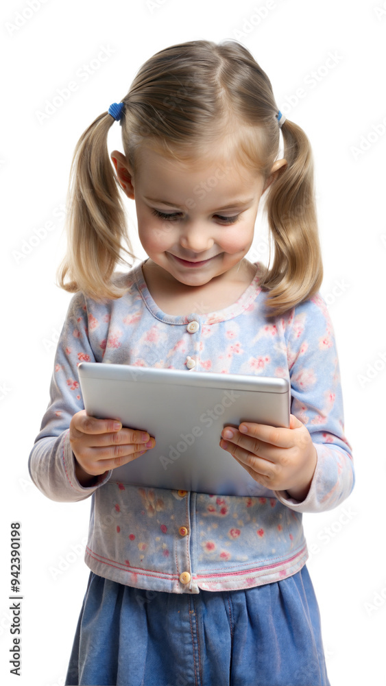 Girl with pigtails holding a tablet, focusing on her studies Girl with pigtails holding a tablet, focusing on her studies
