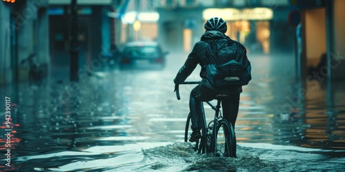 Cyclist navigating through a flooded urban street on a gloomy day