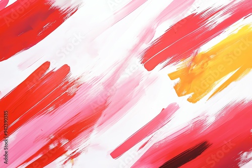 Abstract painting with red, pink, and yellow brushstrokes on white background.