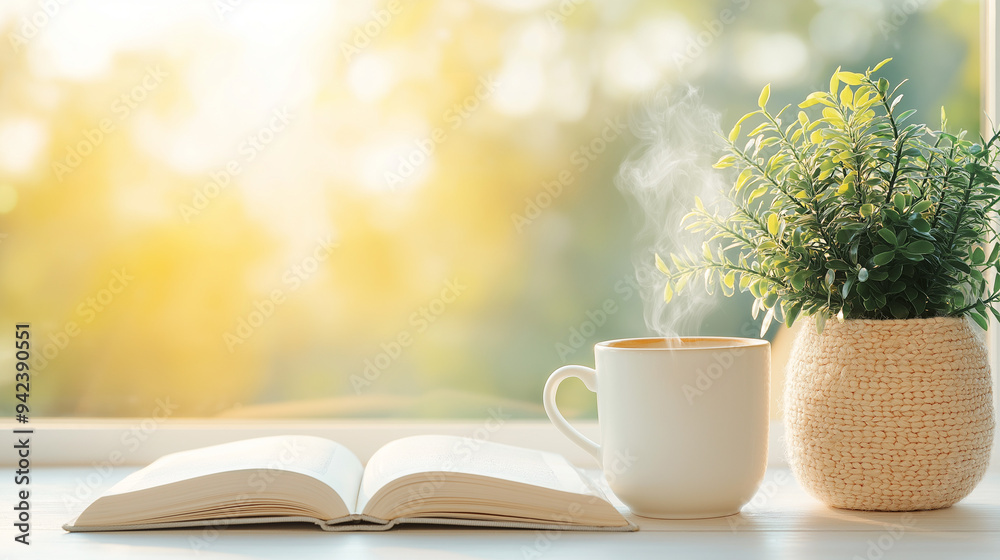 A cozy coffee setup featuring a steaming cup of coffee placed next to an open book, with a small potted plant adding a touch of greenery. A cozy coffee setup featuring a steaming cup of coffee placed next to an open book, with a small potted plant adding a touch of greenery.