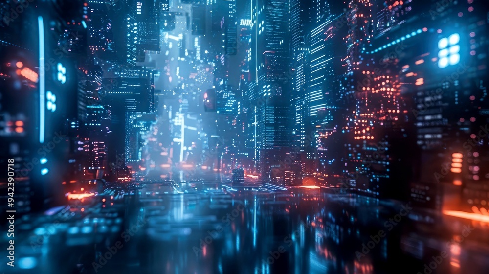 Futuristic Cityscape with Neon Lights and Reflections