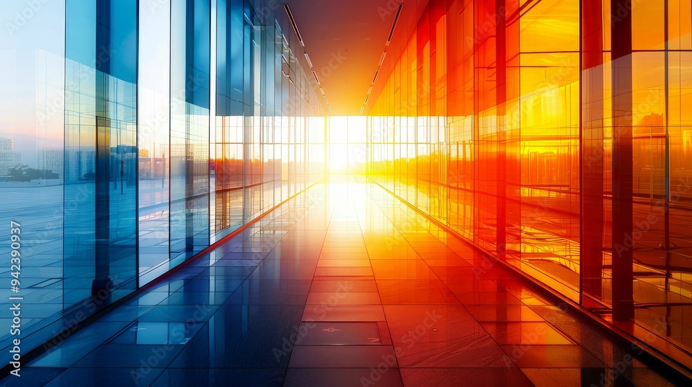 Glass Corridor with Sunset Reflections