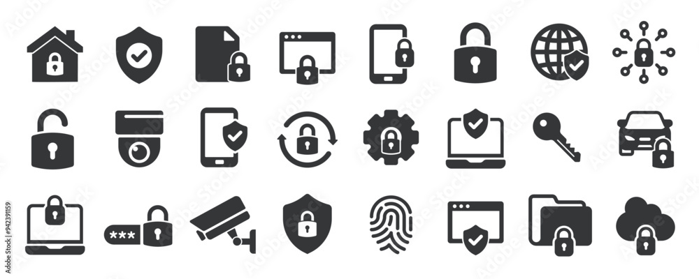 Security glyph solid icons collection. Containing proetection, guard, defense, privacy. Minimal icon and symbol series vector illustration Security glyph solid icons collection. Containing proetection, guard, defense, privacy. Minimal icon and symbol series vector illustration