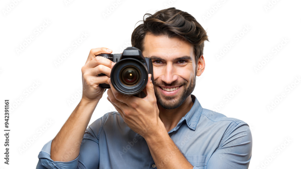 Smiling man holding a camera, enjoying photography Smiling man holding a camera, enjoying photography