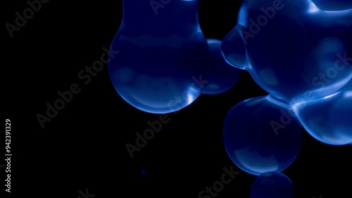 Lava lamp neon blue satisfying metaball bubbles floating as full screen background. Macro close up depth of field concept 3D animation backplate of elegant abstract decorative soothing oil balls.