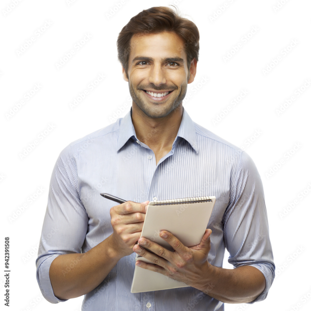 Smiling man holding a notepad, ready for work or study Smiling man holding a notepad, ready for work or study