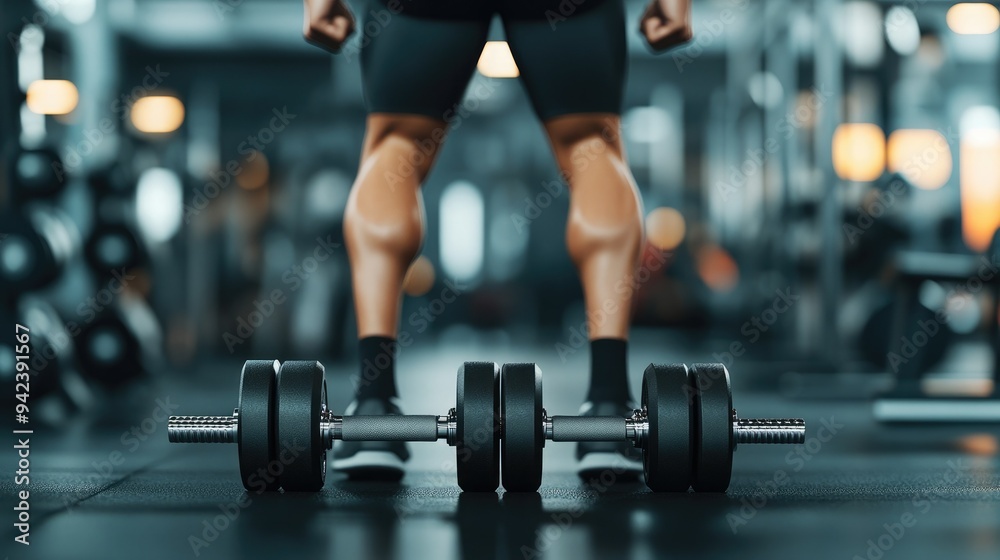 Close-up of a person preparing for a weightlifting workout, showcasing dumbbells on the gym floor, highlighting fitness and strength. Close-up of a person preparing for a weightlifting workout, showcasing dumbbells on the gym floor, highlighting fitness and strength.
