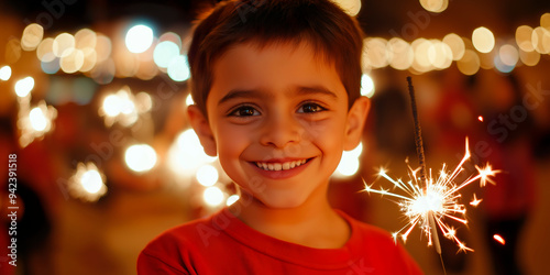 Smiling latin boy with flare light background blurred lights