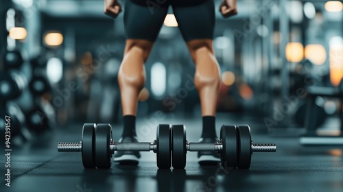 Close-up of a person preparing for a weightlifting workout, showcasing dumbbells on the gym floor, highlighting fitness and strength. photo