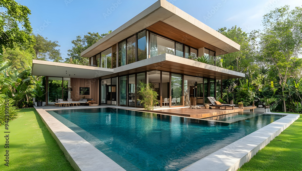 Fototapeta premium Modern villa with a swimming pool surrounded by lush greenery, reflecting luxury and tranquility in a serene outdoor setting.