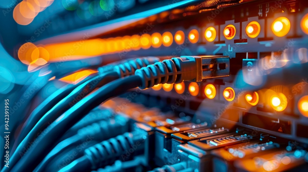 Network Cables Connected to Server with Orange Lights