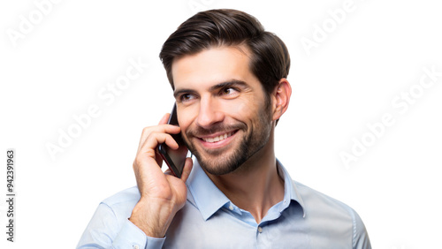 Confident man talking on the phone, engaged in a conversation