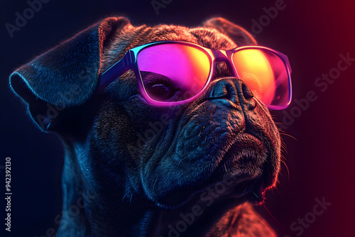 Stylish dog wearing vibrant sunglasses, showcasing a fun and trendy look against a colorful neon background. photo