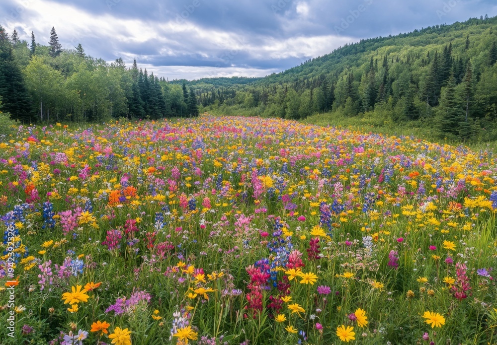 Aerial view of a meadow filled with wildflowers in a variety of colors, surrounded by forests Aerial view of a meadow filled with wildflowers in a variety of colors, surrounded by forests