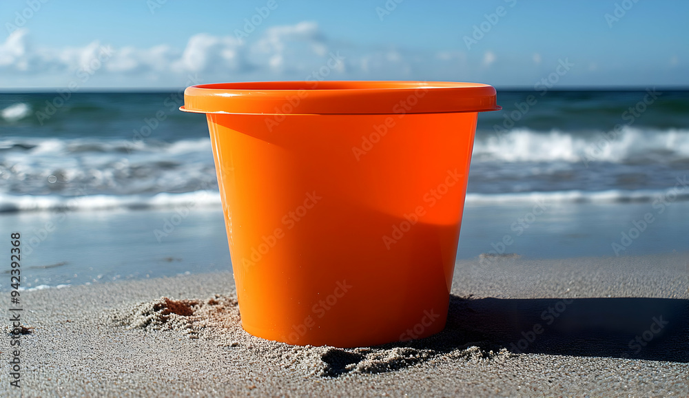 Vibrant orange bucket resting on sandy beach near ocean waves under a clear blue sky, perfect for summer fun and beach activities. Vibrant orange bucket resting on sandy beach near ocean waves under a clear blue sky, perfect for summer fun and beach activities.