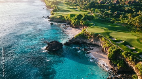 Aerial view of Anahita luxury resort and golf court with Ile aux Cerfs Lagoon, Flacq, Mauritius. photo