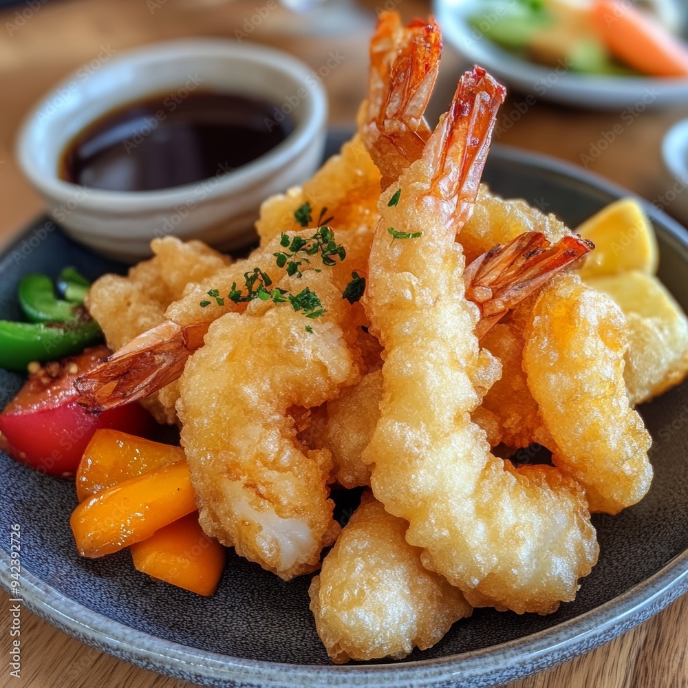 Crispy shrimp tempura served with fresh vegetables and dipping sauce at a restaurant Crispy shrimp tempura served with fresh vegetables and dipping sauce at a restaurant