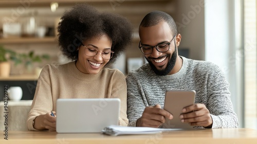 A joyful couple enjoying digital devices together, showcasing modern technology and connection in a cozy environment.