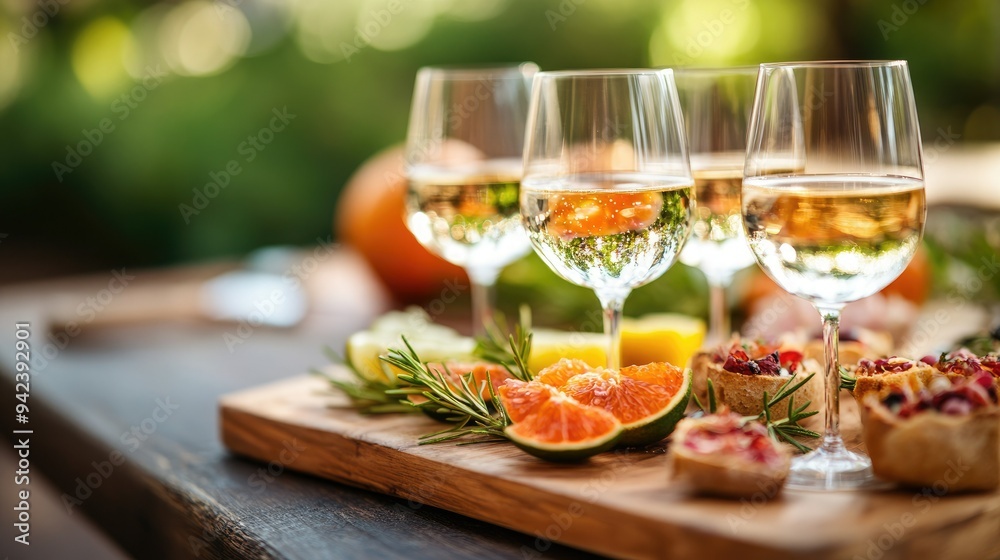 Elegant drink setup with wine glasses, vibrant fruits, and gourmet snacks on a wooden platter in a lush outdoor setting. Elegant drink setup with wine glasses, vibrant fruits, and gourmet snacks on a wooden platter in a lush outdoor setting.