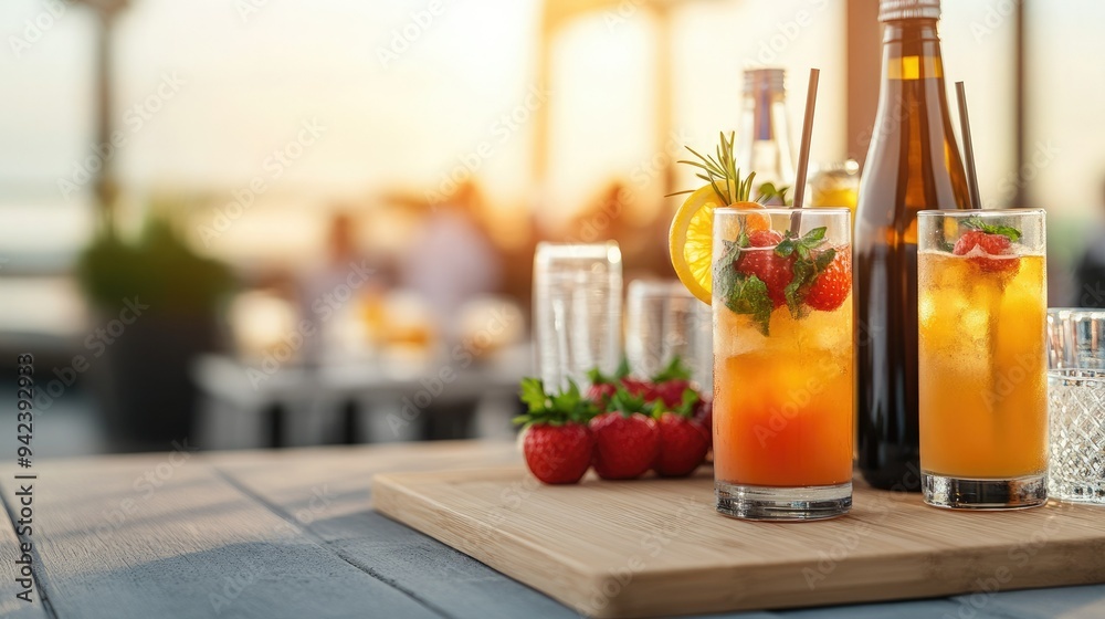 Refreshing summer drinks on a wooden table with fruits, perfect for outdoor gatherings and relaxation in the sunset glow. Refreshing summer drinks on a wooden table with fruits, perfect for outdoor gatherings and relaxation in the sunset glow.
