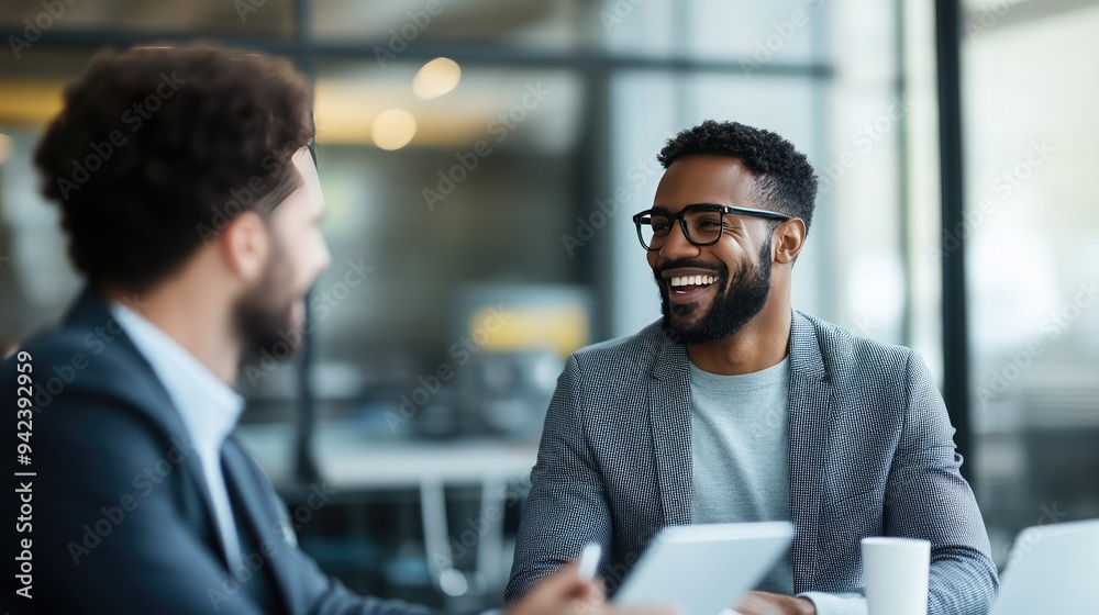 Two professionals engage in a positive discussion in a modern office, showcasing collaboration and teamwork. Two professionals engage in a positive discussion in a modern office, showcasing collaboration and teamwork.
