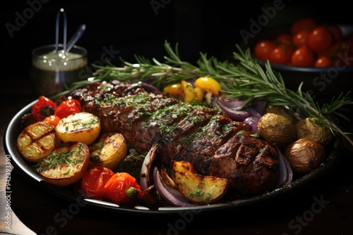 Fried meat served with grilled vegetables, onion and rosemary sprig, generative IA photo