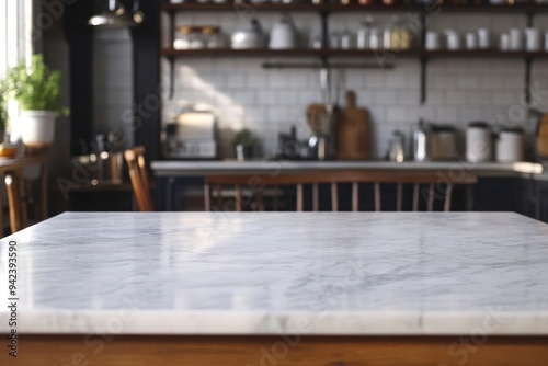 Marble top table and kitchen background with generative ai