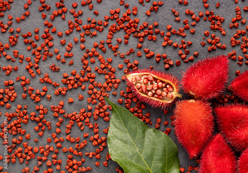 Bixa Orellana - Annatto seeds. Red food coloring and seasoning photo