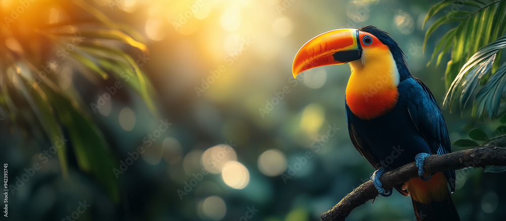 Obraz premium Toco toucan. Toucan sitting on a branch in the Tropical forest. toucan in the jungle Generative AI