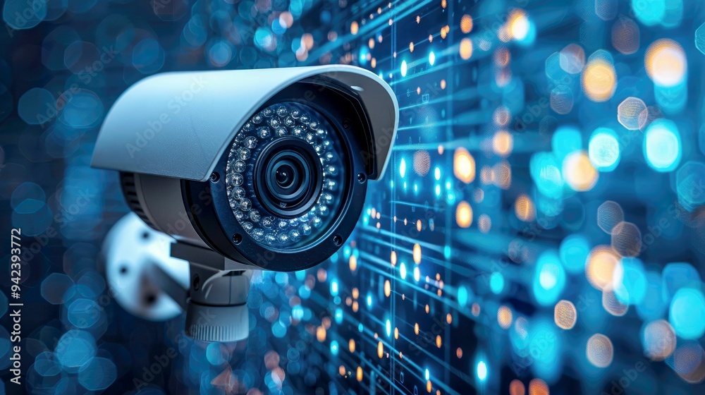 Security Camera with Blue and Orange Bokeh Background Security Camera with Blue and Orange Bokeh Background
