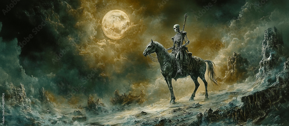 a spooky skeleton riding a ghost horse, Halloween scene a spooky skeleton riding a ghost horse, Halloween scene