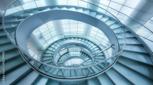 Spiral staircase inside a modern cylindrical building with glass floors