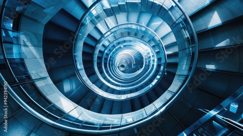 Spiral staircase inside a modern cylindrical building with glass floors