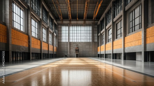 Spacious indoor sports hall featuring large windows, high ceilings, and polished wooden floor, ideal for various athletic activities.