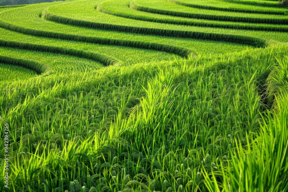 Lush green rice terraces at sunset in a rural landscape showcasing vibrant growth and farming techniques Lush green rice terraces at sunset in a rural landscape showcasing vibrant growth and farming techniques