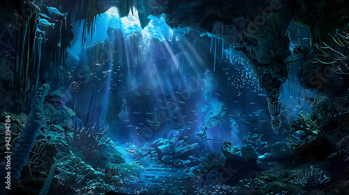 An underwater cave with bioluminescent creatures photo