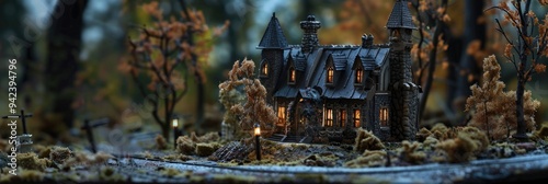 Intricate Landscape Featuring a Gothic Miniature Haunted House Model photo