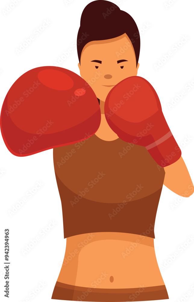 Fototapeta premium Young woman boxer is standing in her sportswear, wearing red boxing gloves and ready for a boxing match
