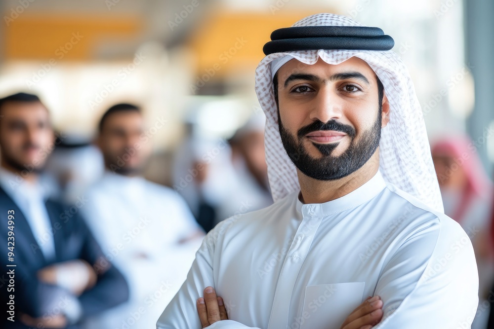 Middle East Arab man in Kandura at office with colleagues coworker workmates at background. Emirati national businessman on dishdasha ideal for Middle Eastern diversity concept with generative ai