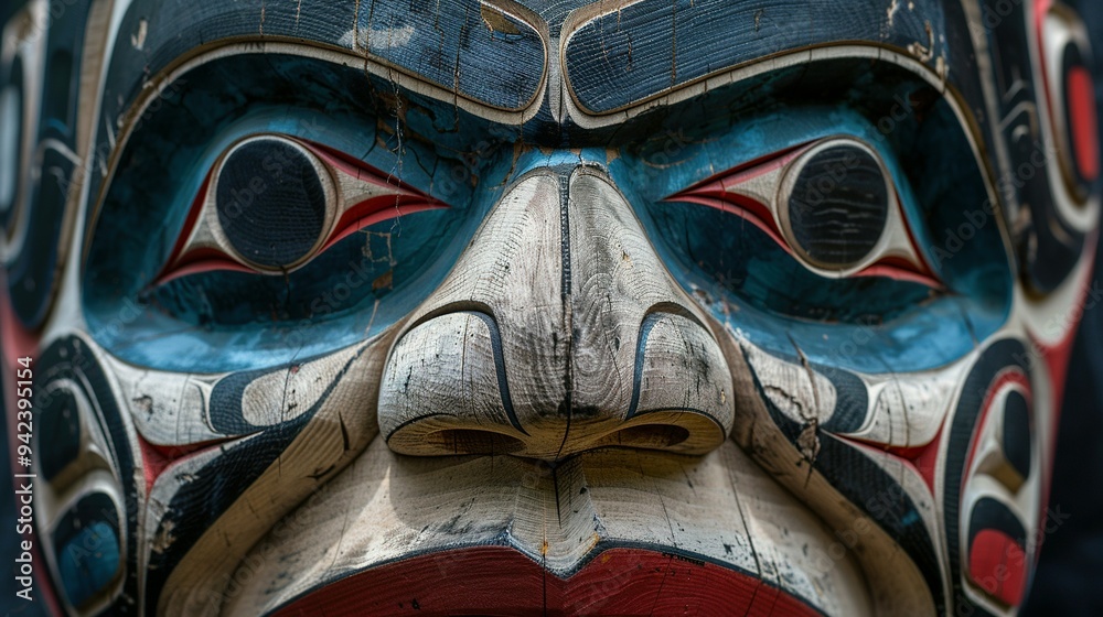 Close-up of a Carved Wooden Totem Pole Face Close-up of a Carved Wooden Totem Pole Face