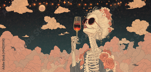 Mama skeleton. Funny skeleton wearing sunglasses and have her hair styled in a messy bun. holding a glass of wine. Halloween Concept. 
