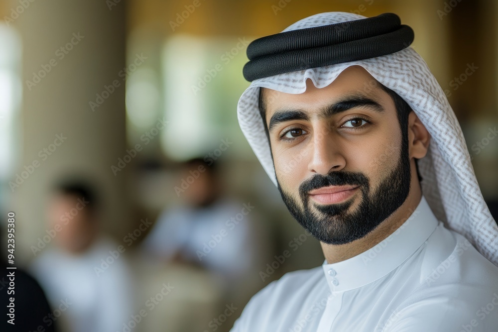 Middle East Arab man in Kandura at office with colleagues coworker workmates at background. Emirati national businessman on dishdasha ideal for Middle Eastern diversity concept with generative ai Middle East Arab man in Kandura at office with colleagues coworker workmates at background. Emirati national businessman on dishdasha ideal for Middle Eastern diversity concept with generative ai