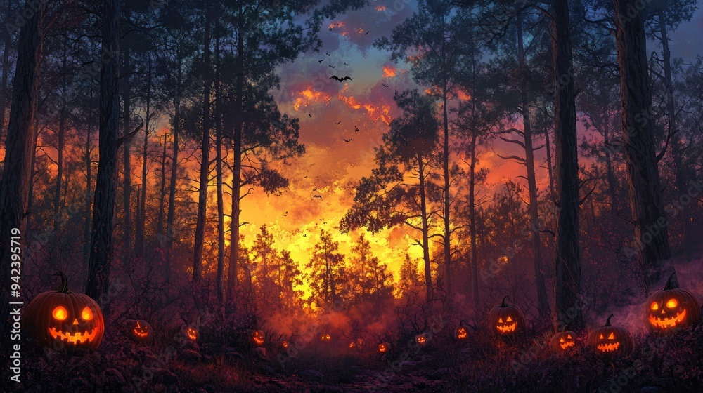 A spooky forest sunset with a haunted evil glowing eyes of Jack O' Lanterns A spooky forest sunset with a haunted evil glowing eyes of Jack O' Lanterns