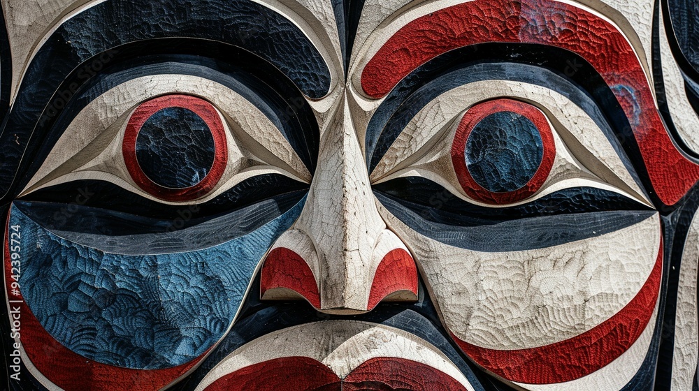 Carved Wooden Totem Pole Face with Red, White, and Blue Eyes Carved Wooden Totem Pole Face with Red, White, and Blue Eyes