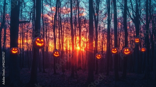 A spooky forest sunset with a haunted evil glowing eyes of Jack O' Lanterns