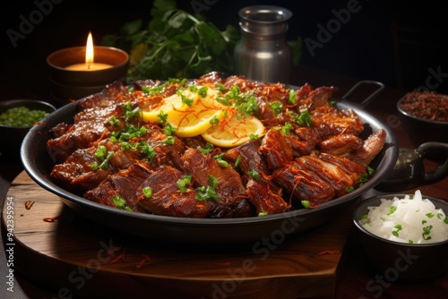 Fried meat slices with fried onion on the wood plate, generative IA