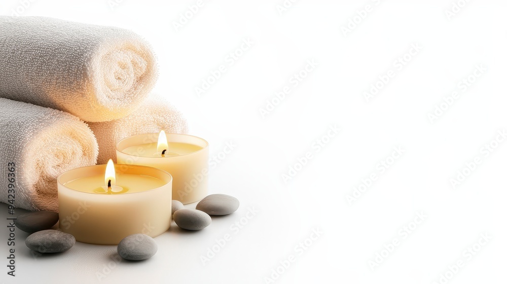 A serene spa setting with rolled towels, lit candles, and smooth stones for relaxation.
